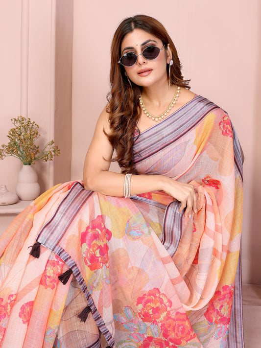 Peach Linen Cotton Saree With Bold Floral Prints For Women