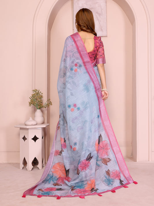 Sky Blue Linen Cotton Saree With Pastel Floral Prints For Women