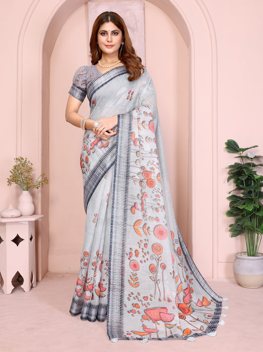 Light Grey Linen Cotton Saree With Artistic Floral Prints For Women
