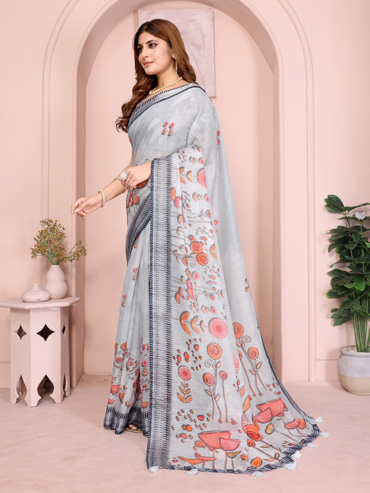 Light Grey Linen Cotton Saree With Artistic Floral Prints For Women
