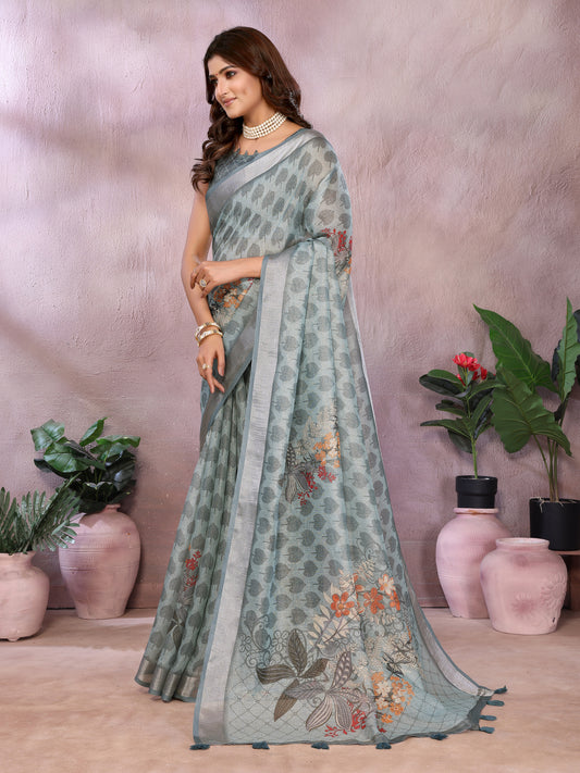 Greyish Blue Woven Floral Saree For Women