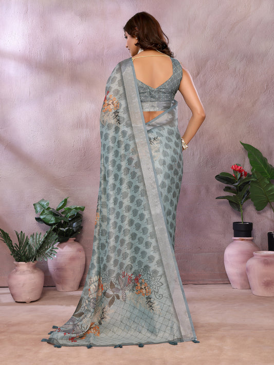 Greyish Blue Woven Floral Saree For Women