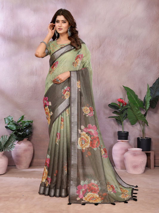 Olive Green & Black Floral Printed Saree For Women