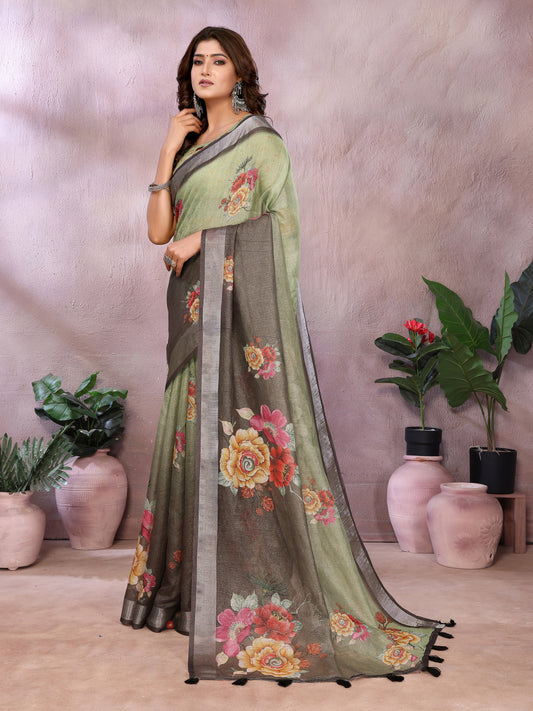 Olive Green & Black Floral Printed Saree For Women