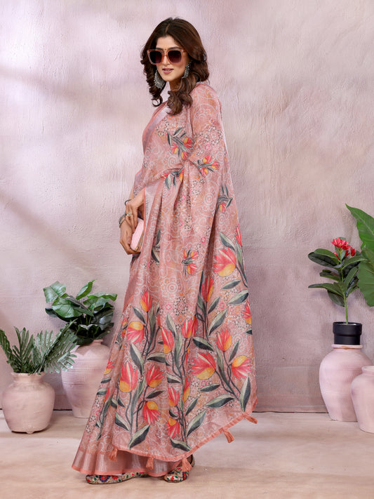 Peach Floral Print Linen Shimmer Saree For Women