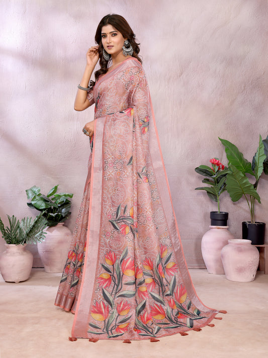 Peach Floral Print Linen Shimmer Saree For Women