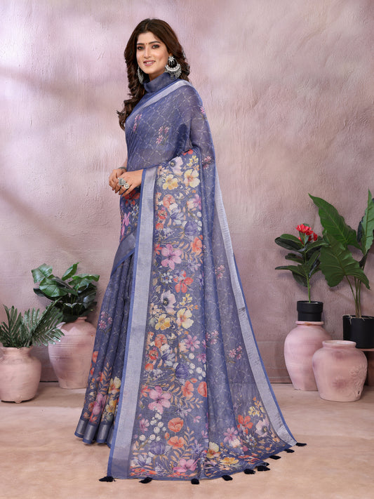 Navy Blue Floral Linen Shimmer Saree For Women