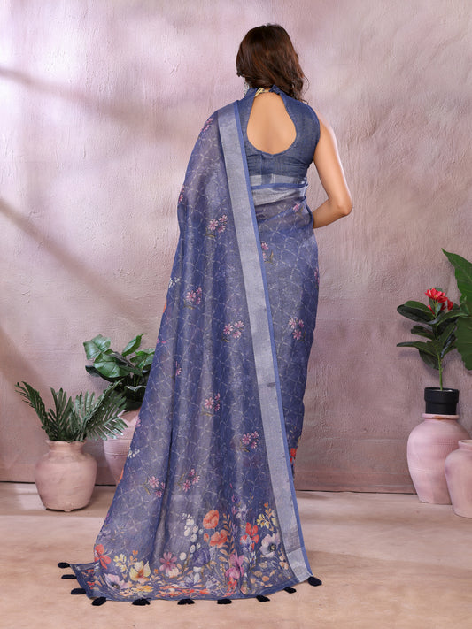 Navy Blue Floral Linen Shimmer Saree For Women