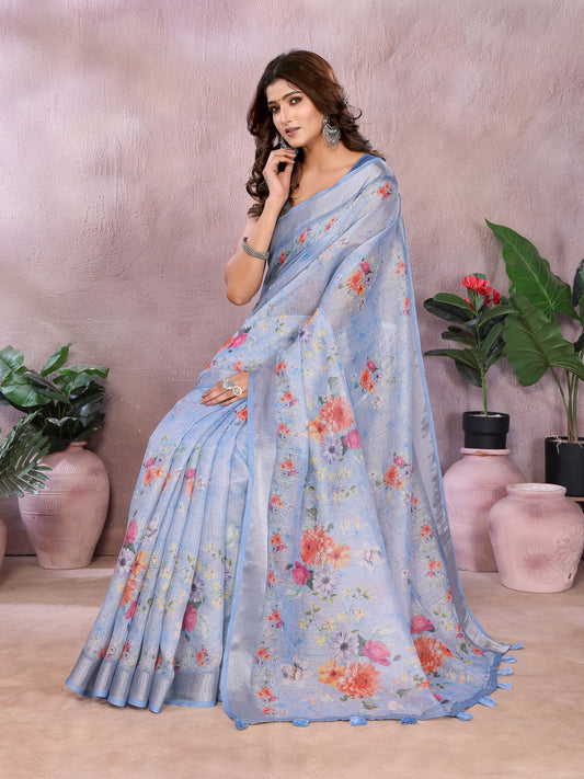 Sky Blue Floral Printed Saree For Women