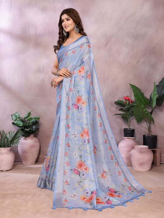 Sky Blue Floral Printed Saree For Women