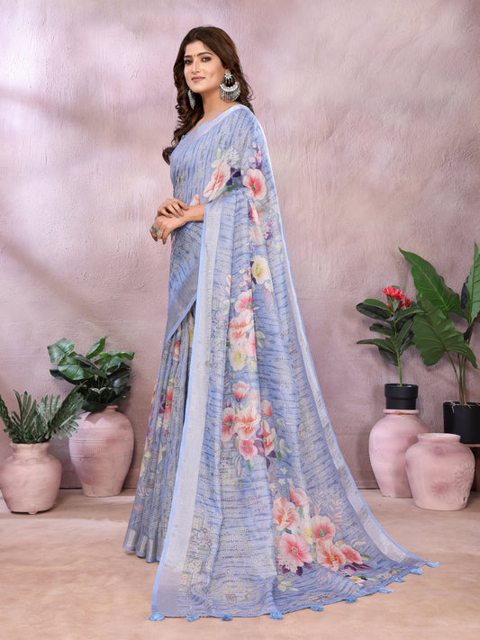 Sky Blue Floral Printed Sarees For Women