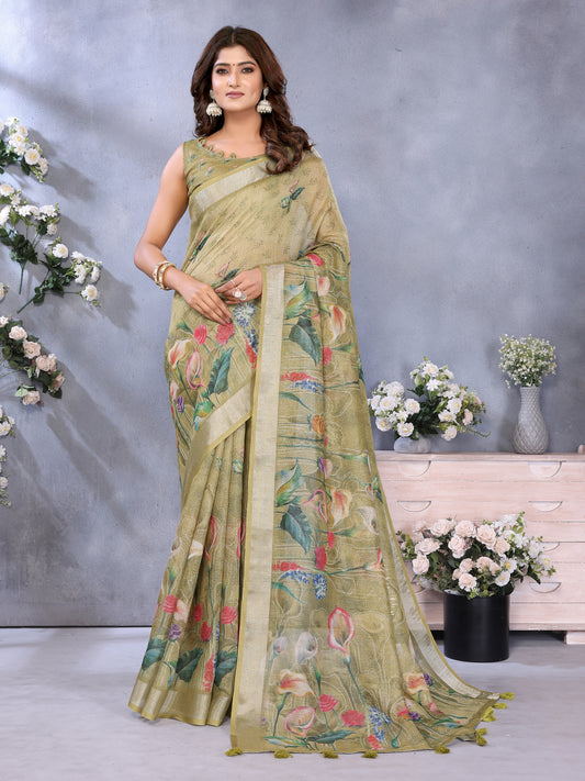 Olive Green Floral Printed Saree For Women