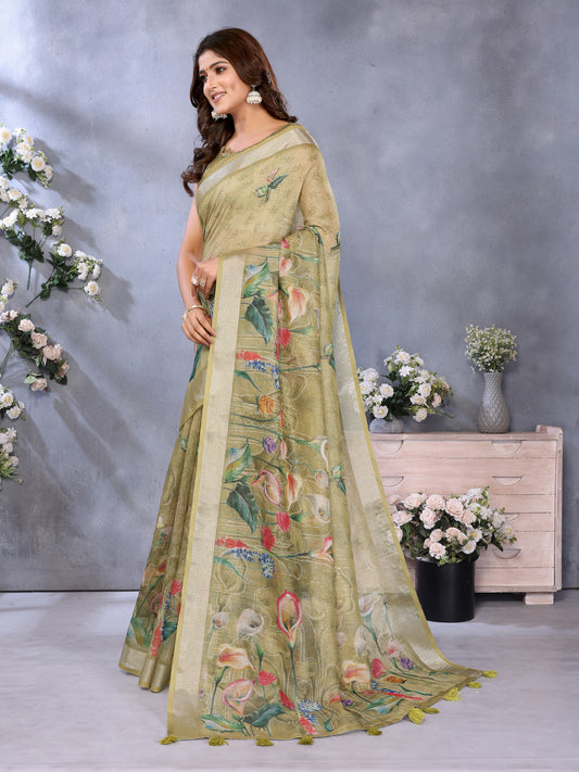 Olive Green Floral Printed Saree For Women