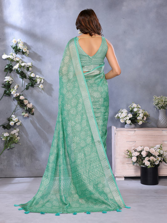 Sea Green Woven Pattern Saree For Women