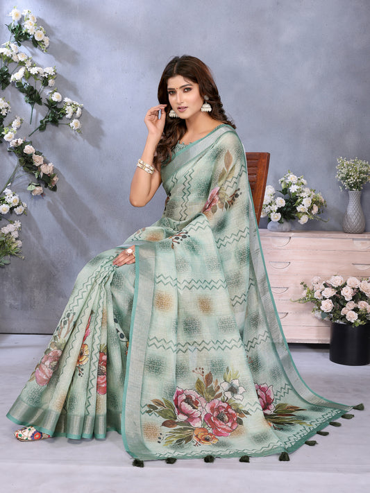 Mint Green Floral Printed Saree For Women