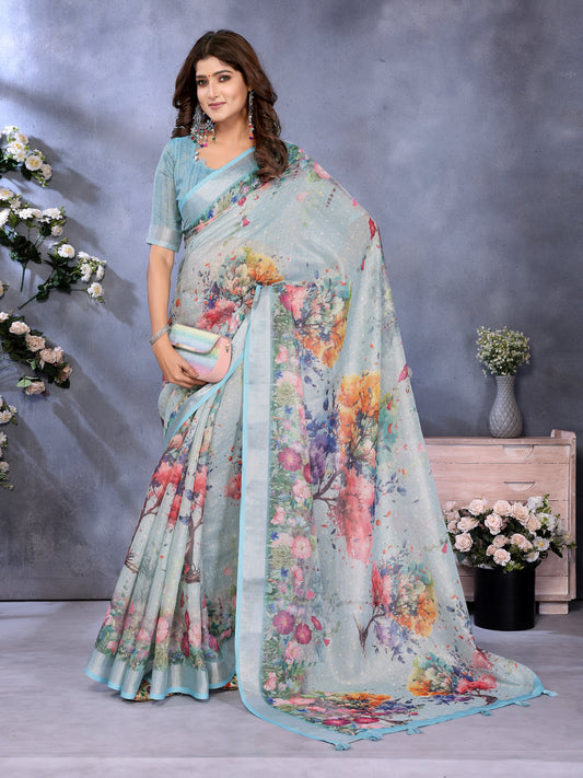 Sky Blue Multicolor Floral Print Linen Shimmer Saree For Women