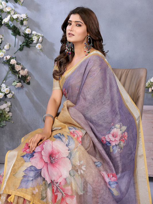 Yellow & Lavender Floral Print Linen Shimmer Saree For Women