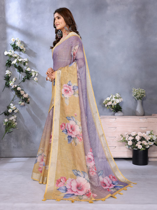 Yellow & Lavender Floral Print Linen Shimmer Saree For Women