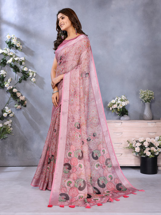 Rose Pink Ethnic Printed Saree For Women