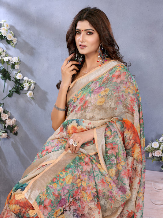 Beige Multicolor Floral Printed Saree For Women
