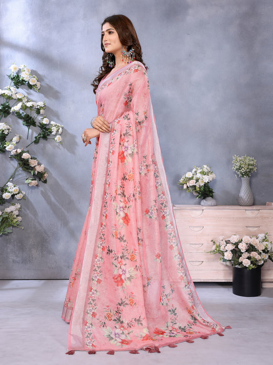 Pink Floral Print Linen Shimmer Saree For Women
