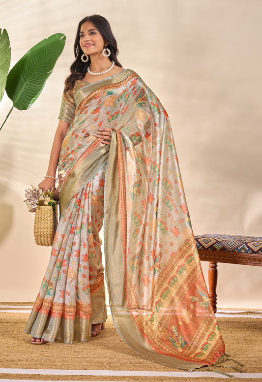 Royal Soft Silk Saree With Zari Border & Lotus Peacock Print For Women