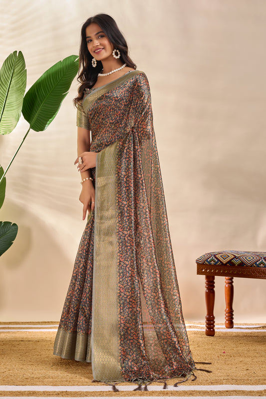 Elegant Soft Silk Blend Saree With Floral Print And Zari Border For Women
