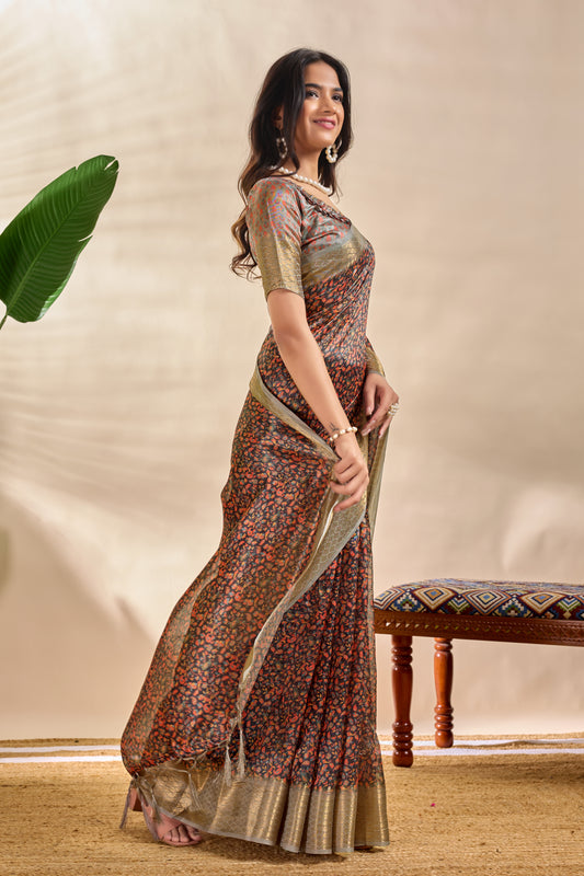 Elegant Soft Silk Blend Saree With Floral Print And Zari Border For Women