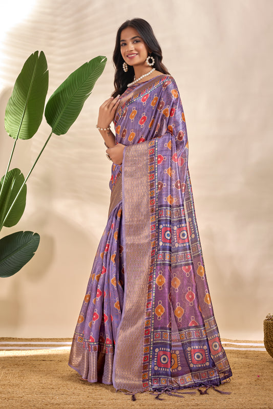 Patola-Inspired Purple Soft Silk Saree With Geometric & Floral Motifs For Women