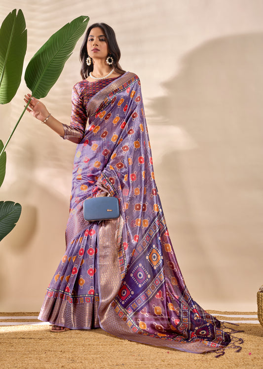 Patola-Inspired Purple Soft Silk Saree With Geometric & Floral Motifs For Women