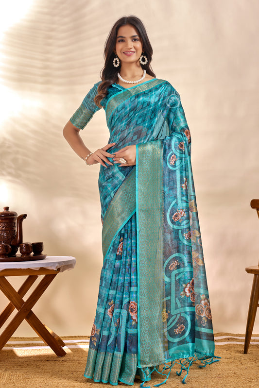 Teal Blue Soft Silk Saree With Floral Digital Pallu & Zari Border For Women