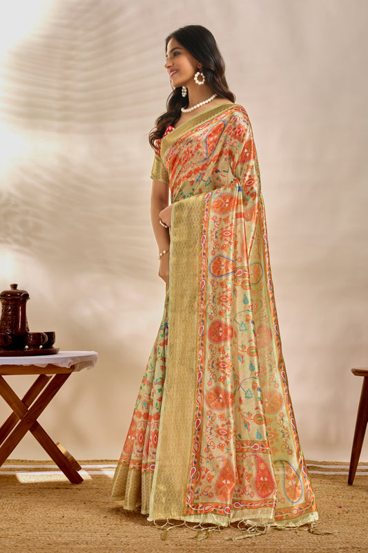 Soft Silk Saree With Traditional Paisley Floral Print And Zari Border For Women