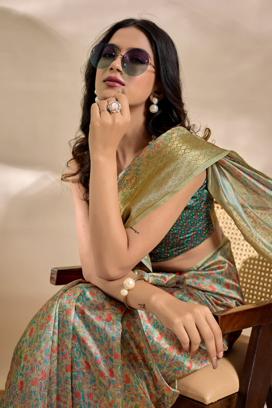 Olive-Green Soft Silk Blend Saree With Traditional Pallu & Floral Body For Women