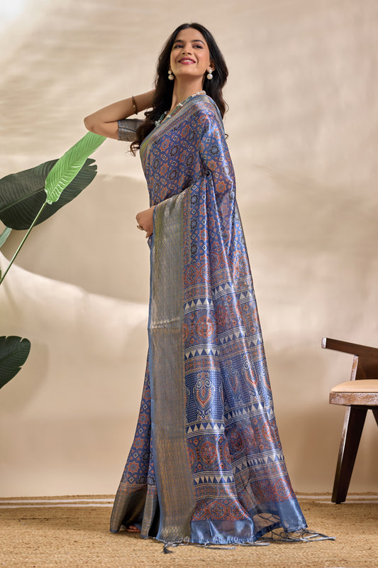 Royal Blue Soft Silk Blend Saree With Traditional Motifs For Women