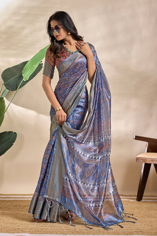 Royal Blue Soft Silk Blend Saree With Traditional Motifs For Women