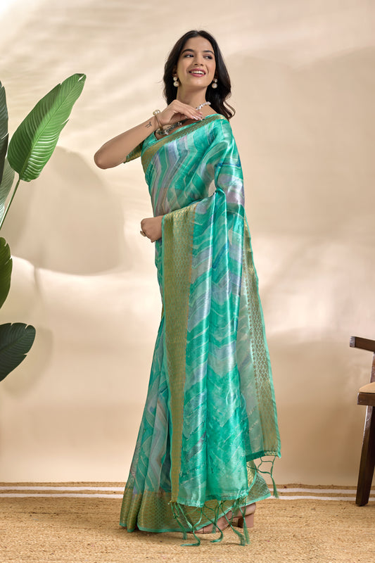 Sea Green Soft Silk Blend Saree With Subtle Wave Print & Zari Border For Women
