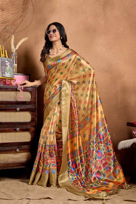 Golden Soft Silk Blend Saree With Multicolor Floral & Geometric Weave For Women