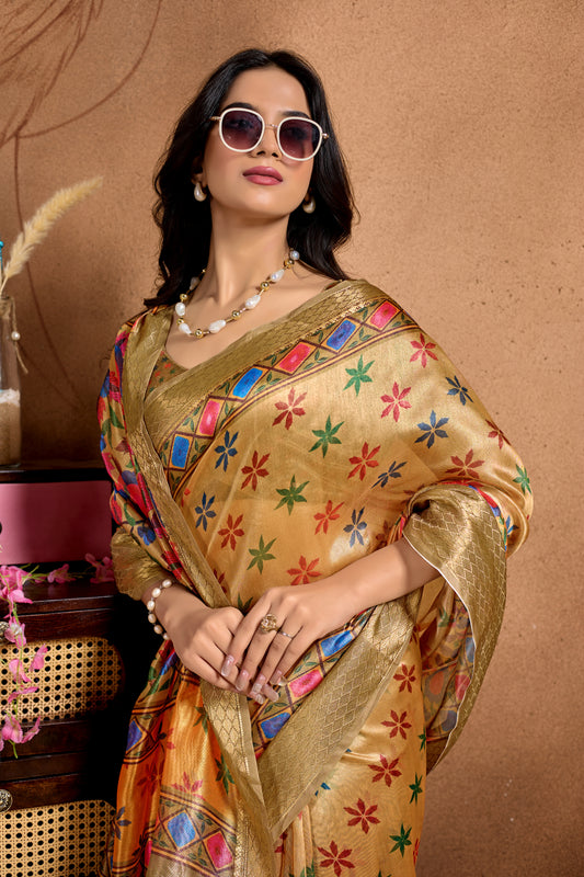Golden Soft Silk Blend Saree With Multicolor Floral & Geometric Weave For Women
