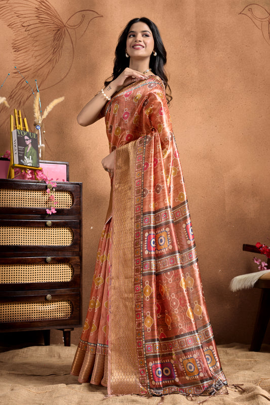 Copper-Rose Soft Silk Saree With Geometric Patola-Inspired Pallu & Zari Border For Women