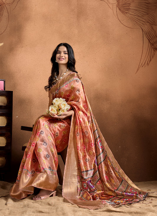 Copper-Rose Soft Silk Saree With Geometric Patola-Inspired Pallu & Zari Border For Women