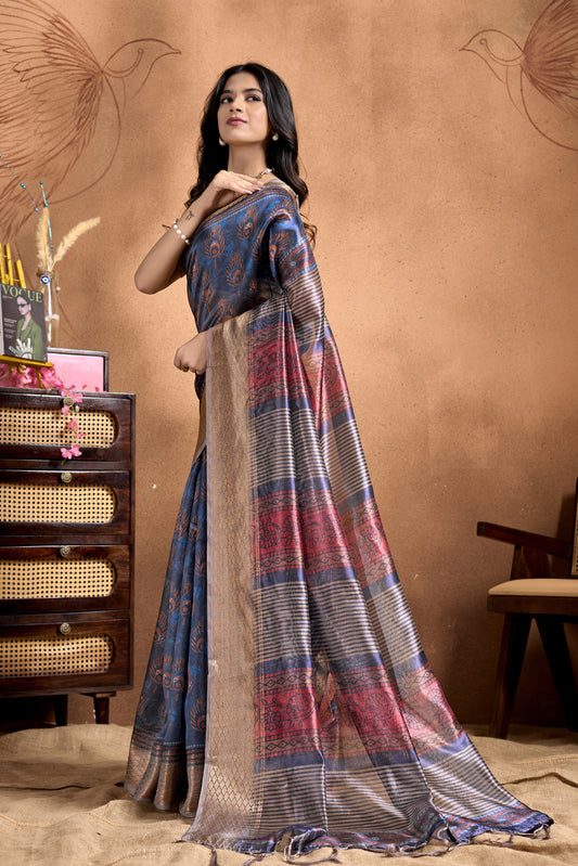 Peacock Motif Soft Silk Saree With Antique Zari Border For Women