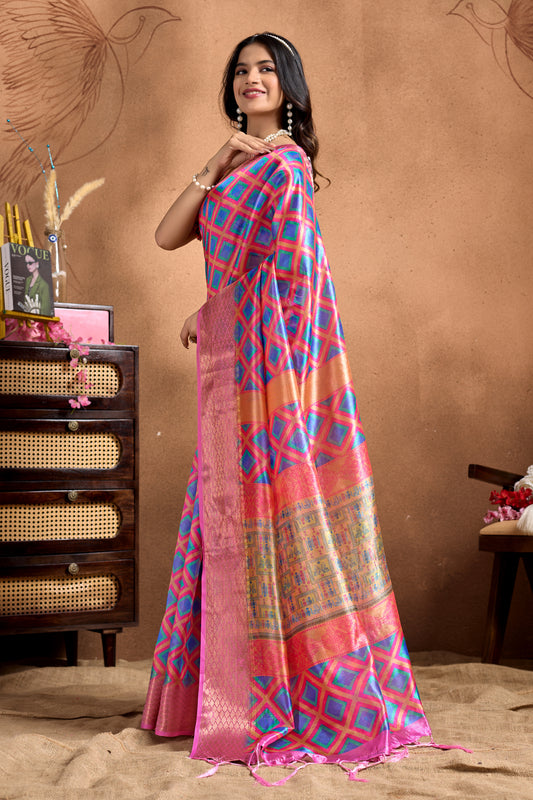Pink-Blue Soft Silk Blend Saree With Geometric Motifs & Traditional Pallu For Women