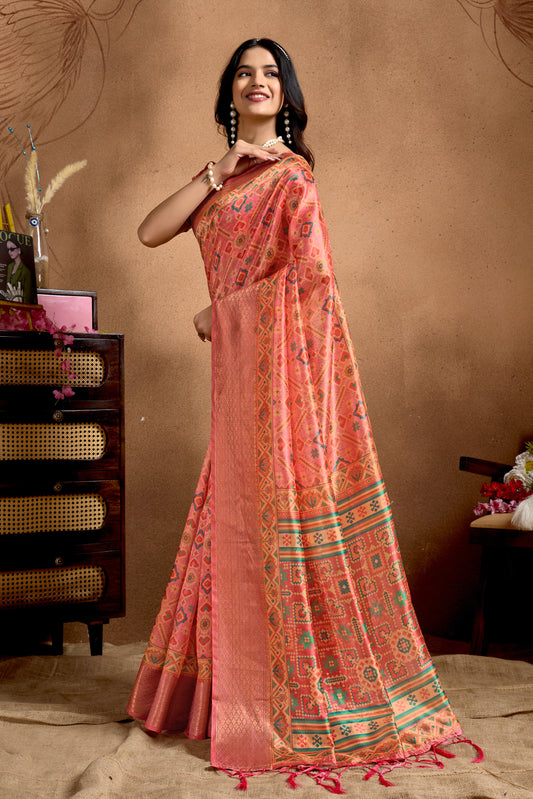 Peach Soft Silk Blend Saree With Traditional Patola-Style Design For Women