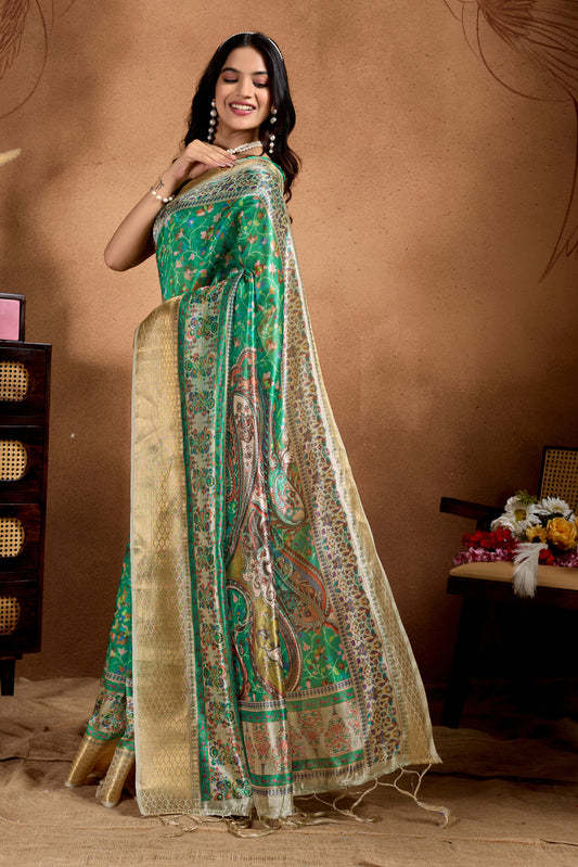 Green Soft Silk Blend Saree With Paisley & Floral Zari Weave For Women