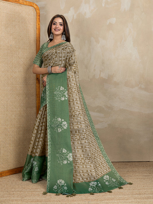 Elegant Green & Beige Printed Silk Saree For Women