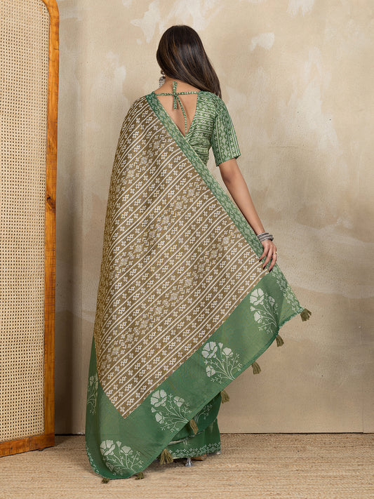 Elegant Green & Beige Printed Silk Saree For Women