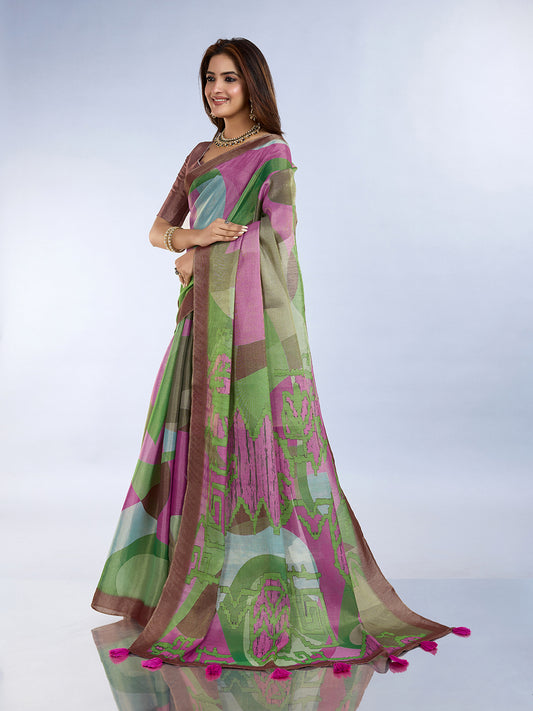 Green & Pink Abstract Printed Saree For Women