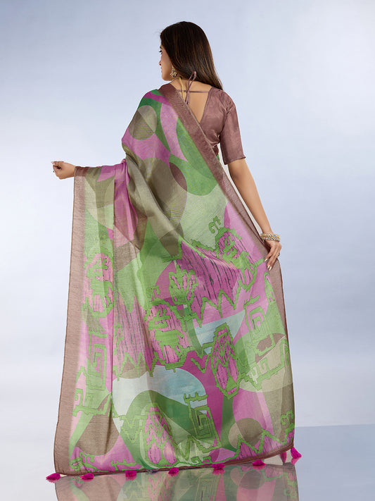 Green & Pink Abstract Printed Saree For Women
