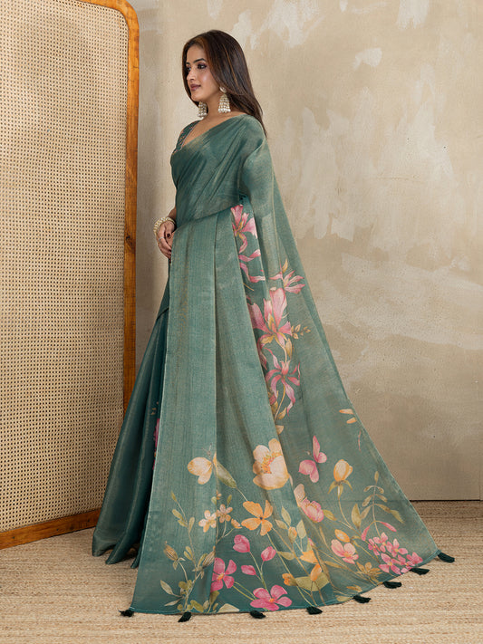 Teal Green Floral Printed Erode Anmol Silk Saree For Women