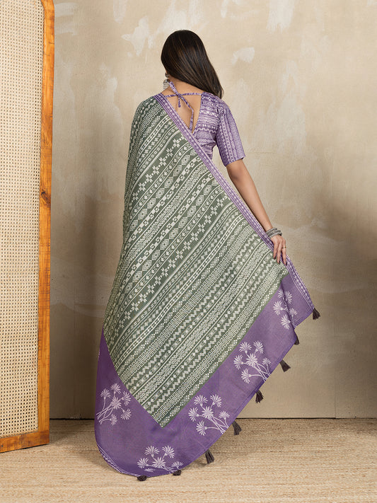Stylish Purple & Green Printed Silk Saree For Women